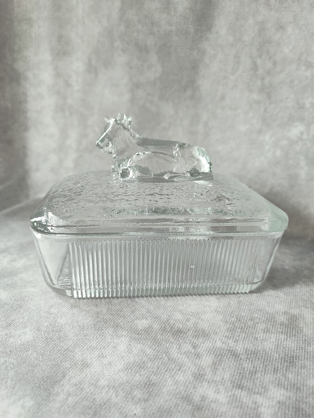 Crate & Barrel Clear Glass Covered Butter Dish with Cow Lid Holds 4 Sticks